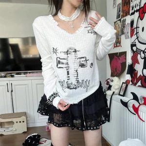 Goblincore Off-Shoulder Grunge Aesthetic Sweater for Y2K Style Lovers