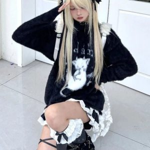 Gothic Angel Fuzzy Sweater - Y2K Aesthetic Cozy Top for Grunge Style