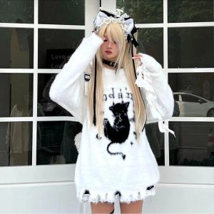 Gothic Angel Fuzzy Sweater - Y2K Aesthetic Cozy Top for Grunge Style