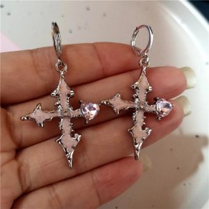 Gothic Bloodstone Cross Earrings for Y2K, Grunge, and Coquette Aesthetics