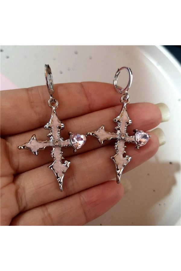 Gothic Bloodstone Cross Earrings for Y2K, Grunge, and Coquette Aesthetics