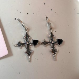 Gothic Bloodstone Cross Earrings for Y2K, Grunge, and Coquette Aesthetics