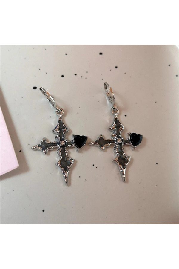 Gothic Bloodstone Cross Earrings for Y2K, Grunge, and Coquette Aesthetics