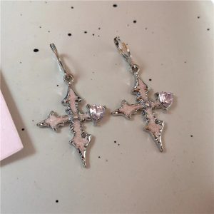 Gothic Bloodstone Cross Earrings for Y2K, Grunge, and Coquette Aesthetics