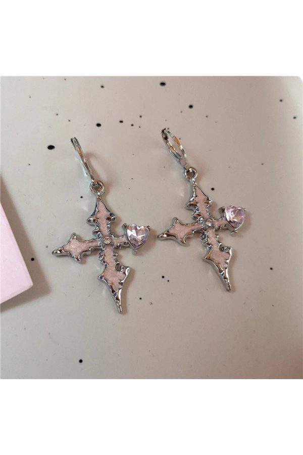 Gothic Bloodstone Cross Earrings for Y2K, Grunge, and Coquette Aesthetics