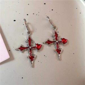 Gothic Bloodstone Cross Earrings for Y2K, Grunge, and Coquette Aesthetics