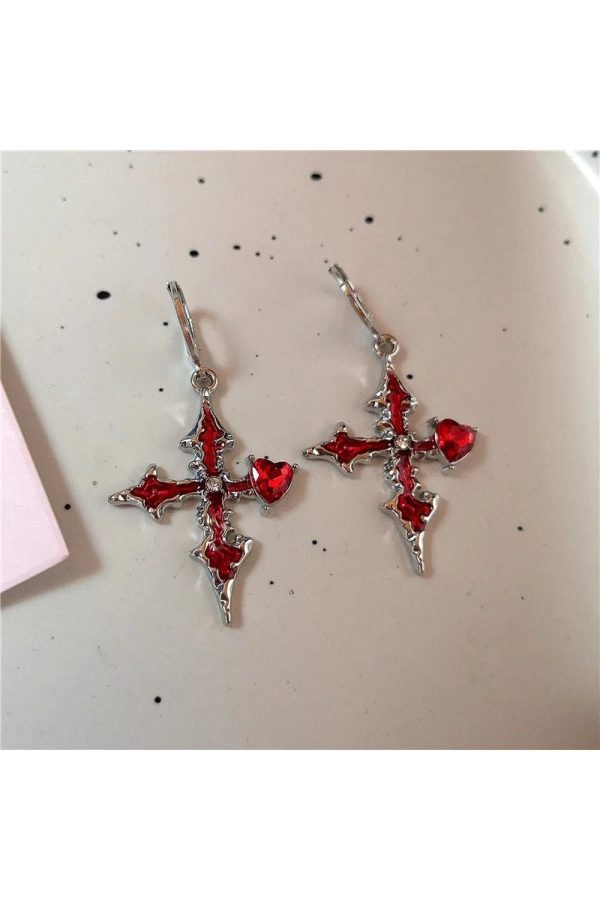 Gothic Bloodstone Cross Earrings for Y2K, Grunge, and Coquette Aesthetics