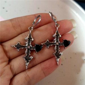 Gothic Bloodstone Cross Earrings for Y2K, Grunge, and Coquette Aesthetics