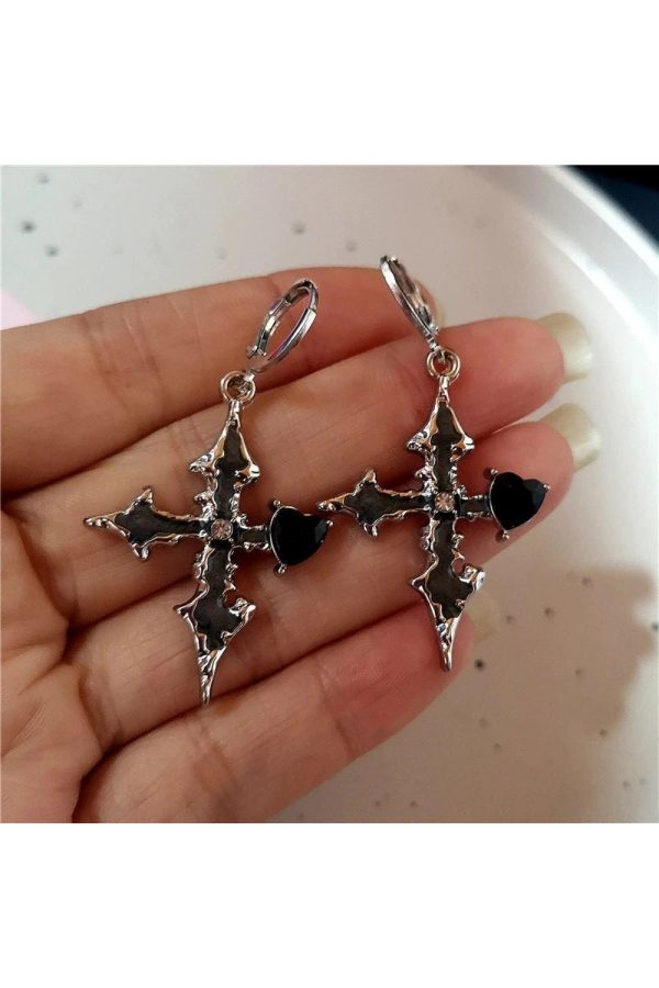 Gothic Bloodstone Cross Earrings for Y2K, Grunge, and Coquette Aesthetics