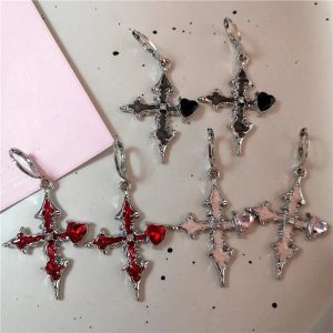 Gothic Bloodstone Cross Earrings for Y2K, Grunge, and Coquette Aesthetics