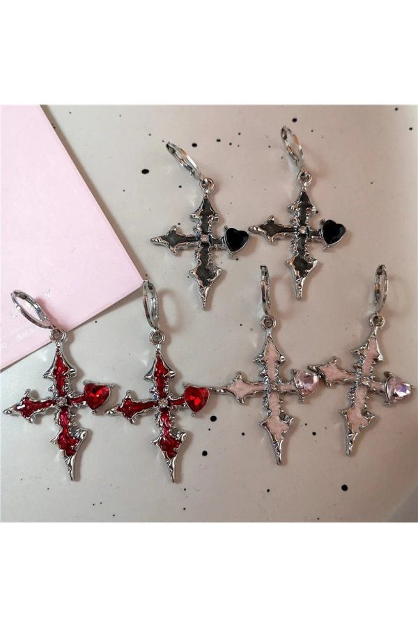 Gothic Bloodstone Cross Earrings for Y2K, Grunge, and Coquette Aesthetics