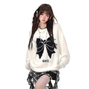 Gothic Bow Fluffy Sweater - Y2K Aesthetic Cozy Top for Grunge Style