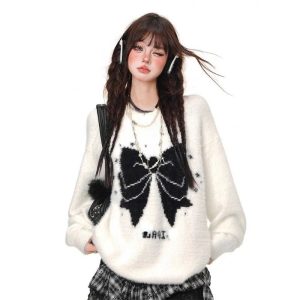 Gothic Bow Fluffy Sweater - Y2K Aesthetic Cozy Top for Grunge Style