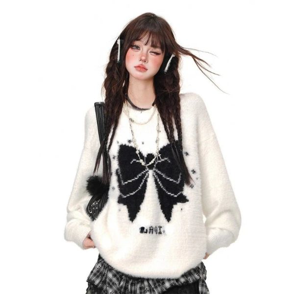 Gothic Bow Fluffy Sweater - Y2K Aesthetic Cozy Top for Grunge Style