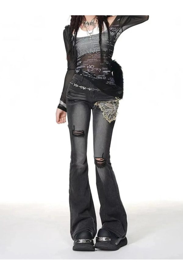 Gothic Butterfly Distressed Flare Jeans for Y2K and Grunge Aesthetic