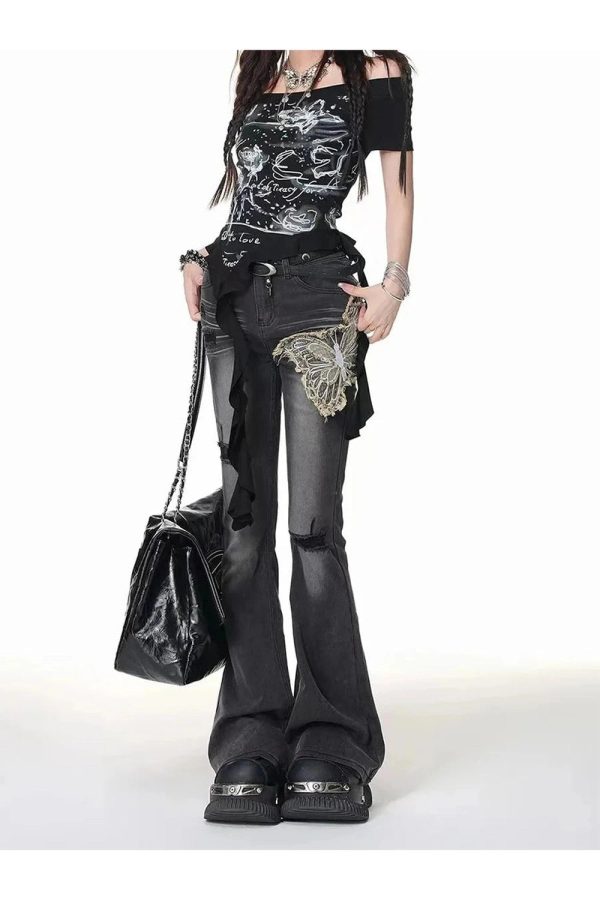 Gothic Butterfly Distressed Flare Jeans for Y2K and Grunge Aesthetic