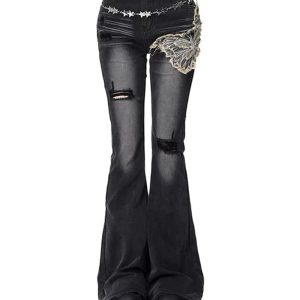 Gothic Butterfly Distressed Flare Jeans for Y2K and Grunge Aesthetic