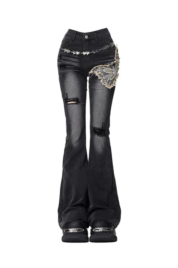 Gothic Butterfly Distressed Flare Jeans for Y2K and Grunge Aesthetic