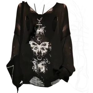 Gothic Butterfly Distressed Sweater - Y2K Grunge Aesthetic Top