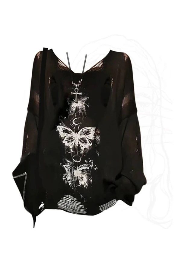 Gothic Butterfly Distressed Sweater - Y2K Grunge Aesthetic Top