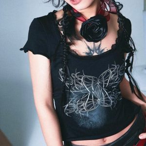 Gothic Butterfly Top: Y2K Aesthetic Cute Top for Grunge & Coquette Styles