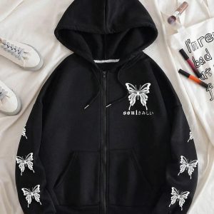 Gothic Butterfly Zip-Up Hoodie in Y2K Style for Aesthetic Outfits