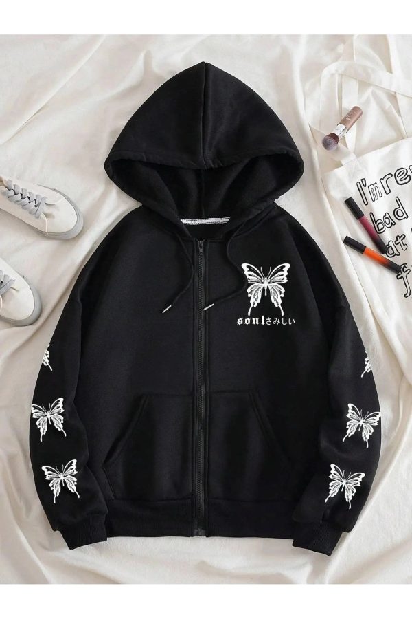 Gothic Butterfly Zip-Up Hoodie in Y2K Style for Aesthetic Outfits