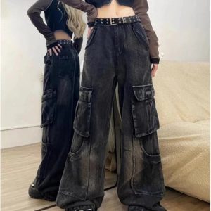 Gothic Cargo Flare Jeans for Y2K Aesthetic and Grunge Style Lovers