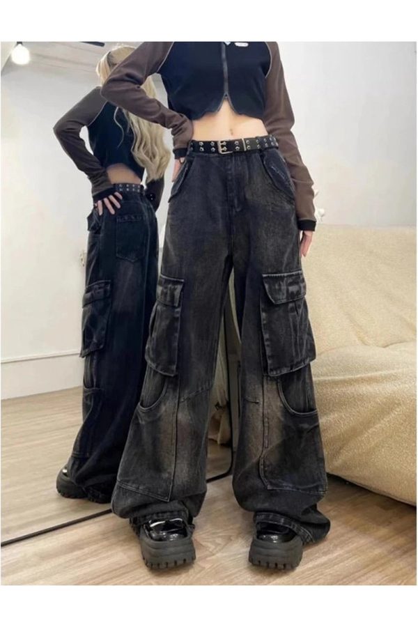 Gothic Cargo Flare Jeans for Y2K Aesthetic and Grunge Style Lovers