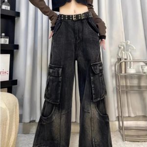 Gothic Cargo Flare Jeans for Y2K Aesthetic and Grunge Style Lovers