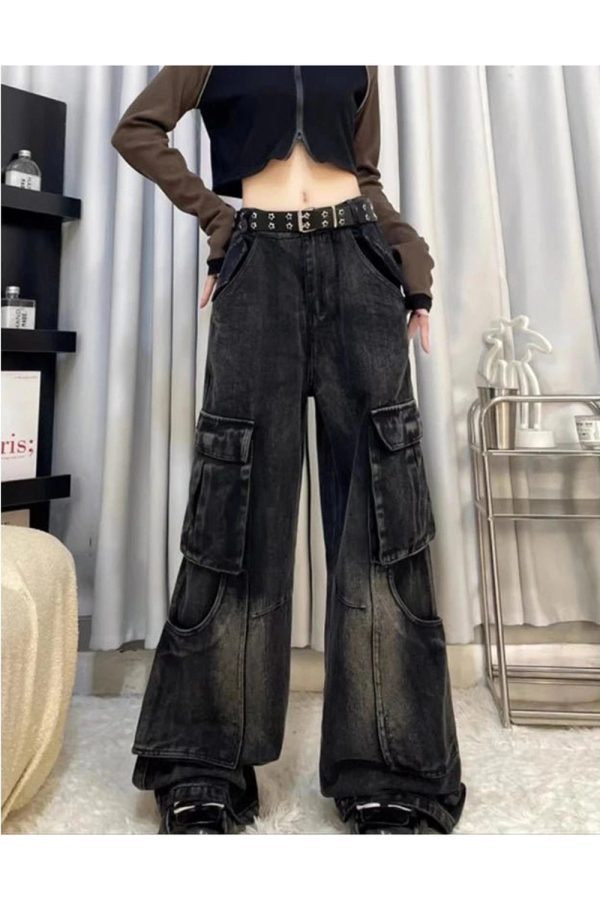 Gothic Cargo Flare Jeans for Y2K Aesthetic and Grunge Style Lovers