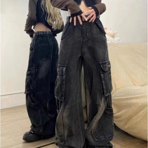 Gothic Cargo Flare Jeans for Y2K Aesthetic and Grunge Style Lovers