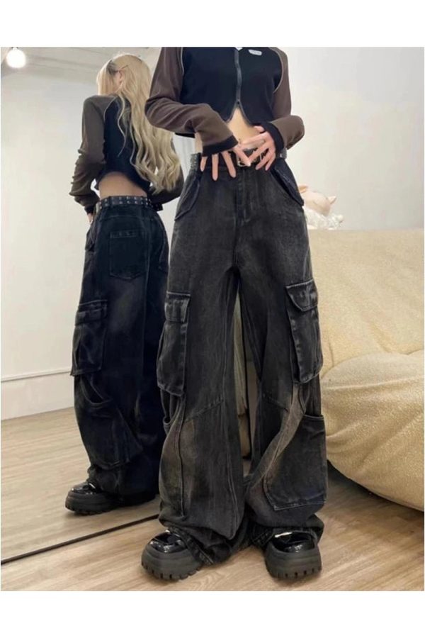 Gothic Cargo Flare Jeans for Y2K Aesthetic and Grunge Style Lovers