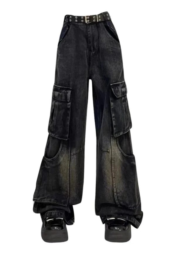 Gothic Cargo Flare Jeans for Y2K Aesthetic and Grunge Style Lovers