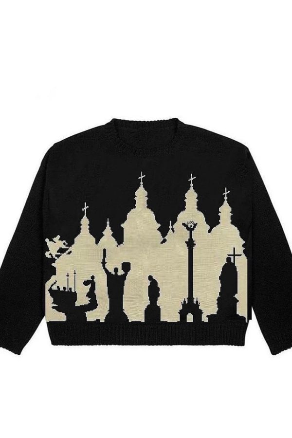 Gothic Cathedral Knit Sweater - Y2K Aesthetic Cozy Layering Essential