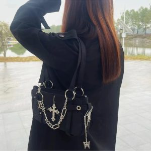 Gothic Cross Chain Shoulder Bag for Y2K and Grunge Aesthetic Lovers