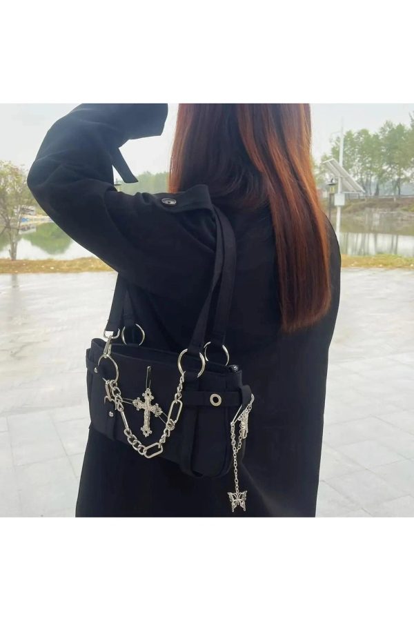 Gothic Cross Chain Shoulder Bag for Y2K and Grunge Aesthetic Lovers