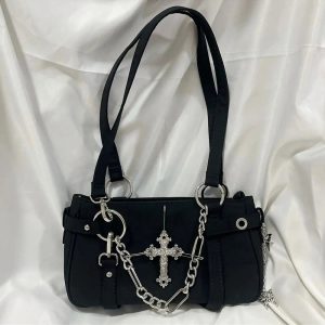 Gothic Cross Chain Shoulder Bag for Y2K and Grunge Aesthetic Lovers