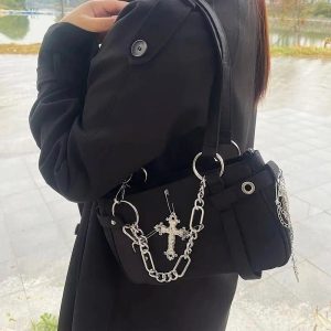 Gothic Cross Chain Shoulder Bag for Y2K and Grunge Aesthetic Lovers