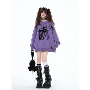 Gothic Cross Distressed Sweater for Y2K Aesthetic & Grunge Style Lovers