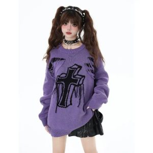 Gothic Cross Distressed Sweater for Y2K Aesthetic & Grunge Style Lovers