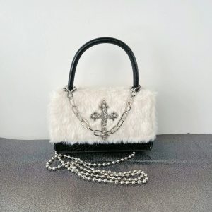 Gothic Cross Faux Fur Shoulder Bag - Y2K Aesthetic & Grunge Style