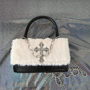 Gothic Cross Faux Fur Shoulder Bag - Y2K Aesthetic & Grunge Style