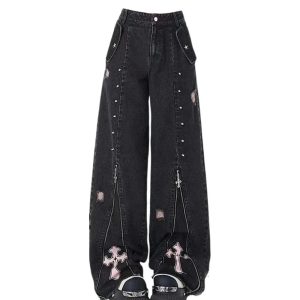 Gothic Cross Flare Jeans for Y2K Aesthetic and Grunge Style Lovers