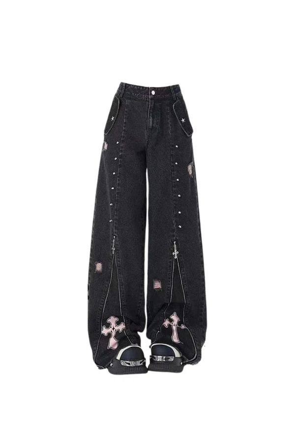 Gothic Cross Flare Jeans for Y2K Aesthetic and Grunge Style Lovers