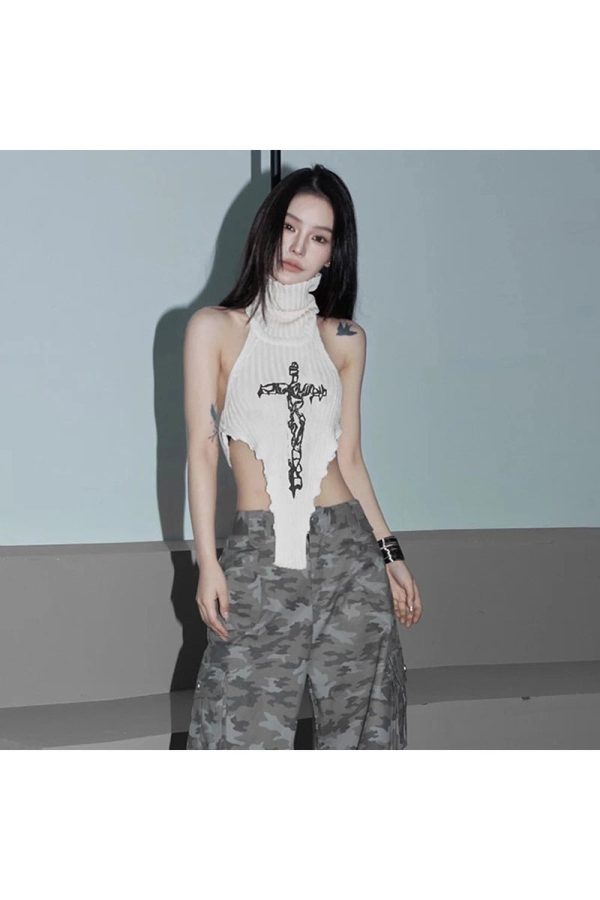 Gothic Cross Halter Knit Top for Y2K Aesthetic and Grunge Style Lovers