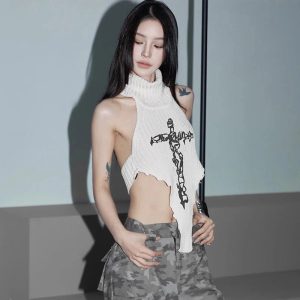 Gothic Cross Halter Knit Top for Y2K Aesthetic and Grunge Style Lovers