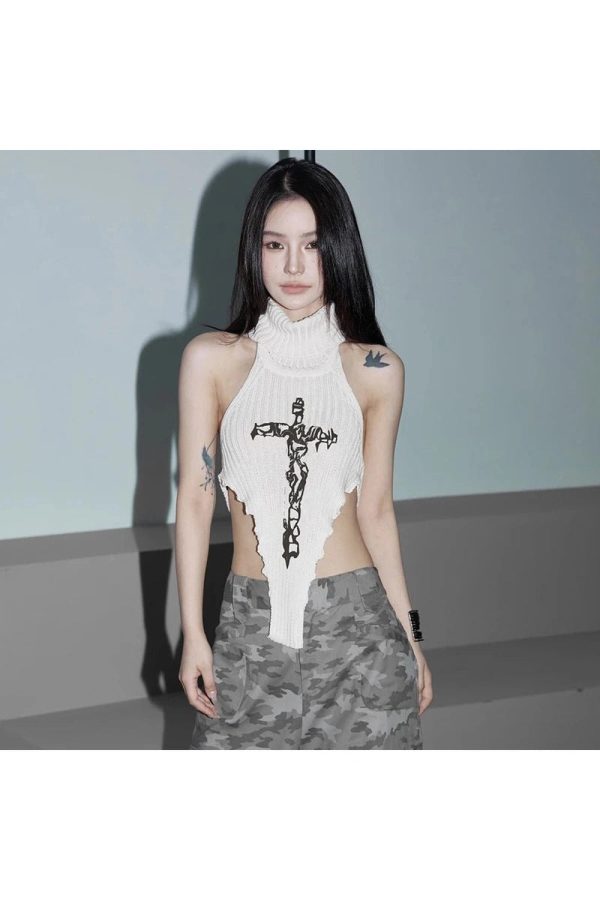 Gothic Cross Halter Knit Top for Y2K Aesthetic and Grunge Style Lovers