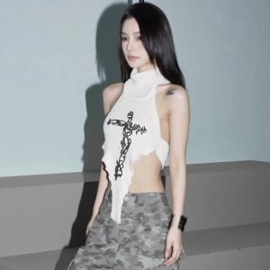 Gothic Cross Halter Knit Top for Y2K Aesthetic and Grunge Style Lovers