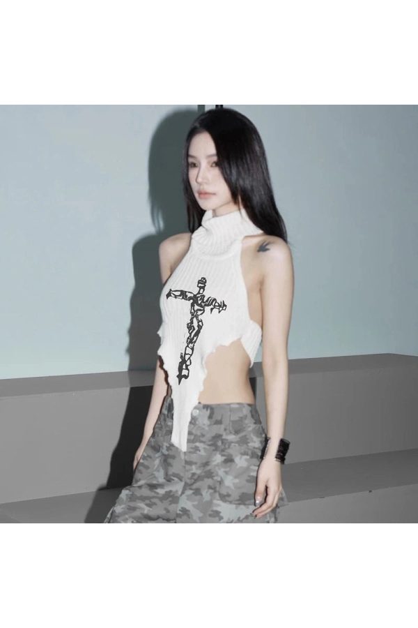 Gothic Cross Halter Knit Top for Y2K Aesthetic and Grunge Style Lovers